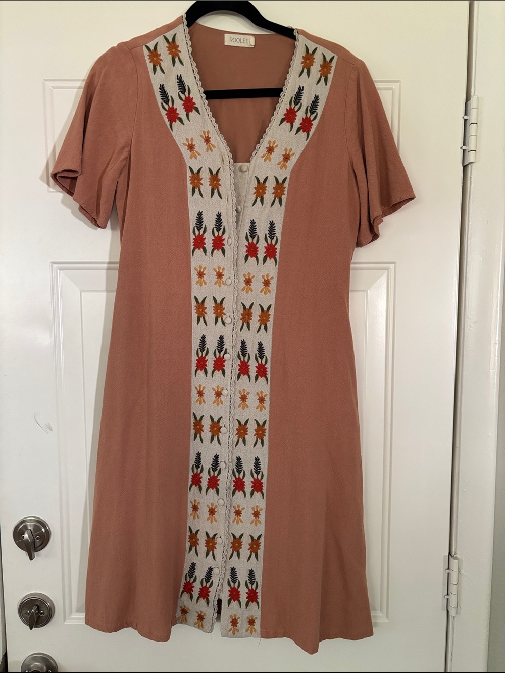 Roolee Dark Salmon Honey and Pine Embroidered Dress